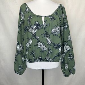Let Them Eat Cake Sz L Crop Top Green Blue Flowers V-Neck Wrap elastic waist